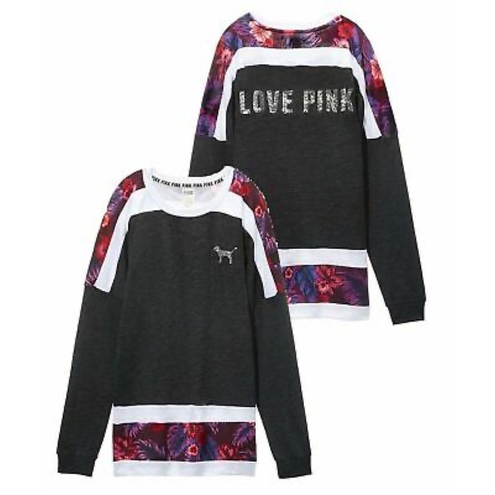 PINK Victorias Secret Bling Varsity Crew Hibiscus floral and Dark Grey XS
